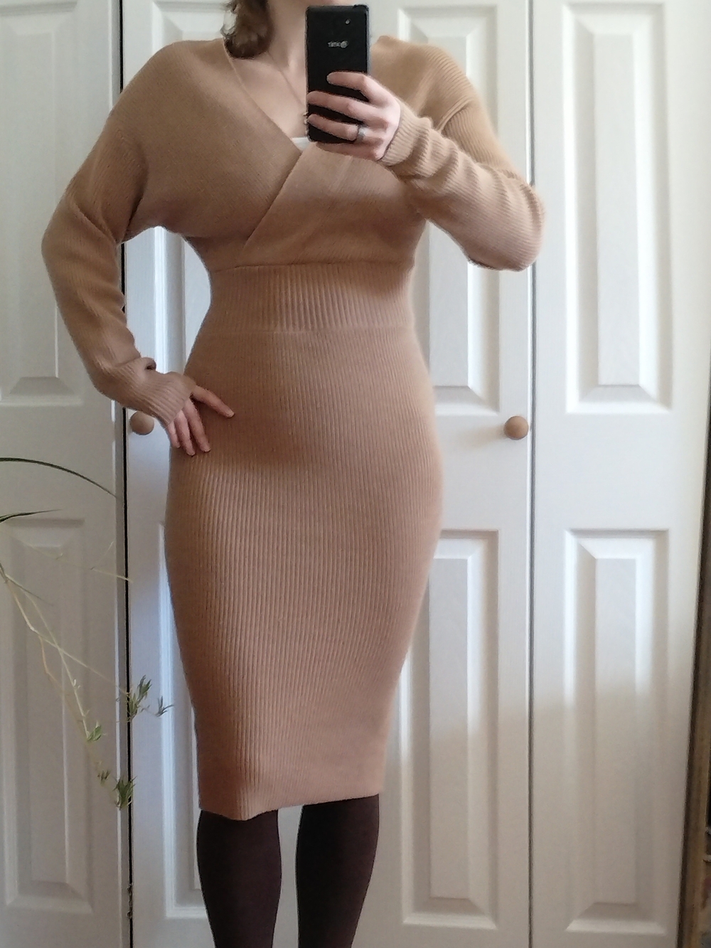 Express Camel Ribbed Wrap-Style Midi Dress